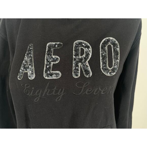 Aeropostale Black Hoodie Sequin Logo Kangaroo Pocket Size‎ Medium Y2K Skater - Picture 3 of 7